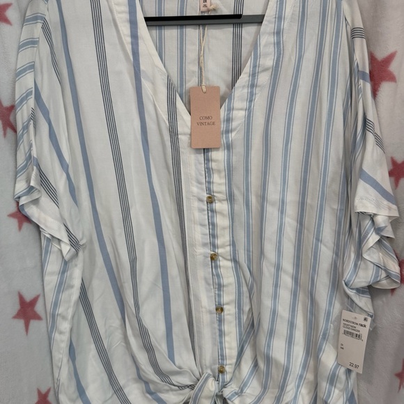 Como Vintage Tops - COMO VINTAGE 2X. Blue & White Striped Tie-Front Blouse